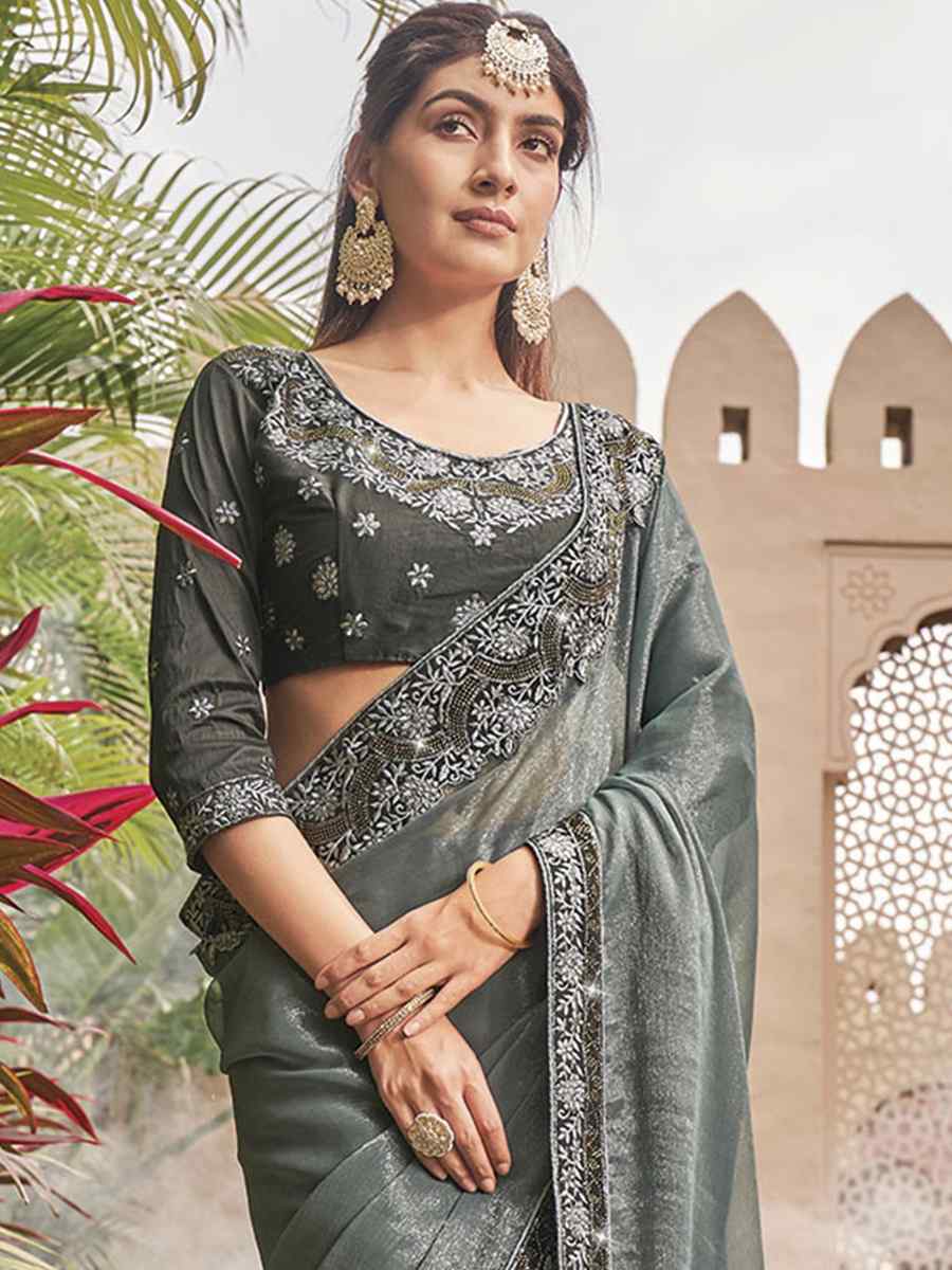 Grey Shimmer Embroidery Party Reception Classic Style Saree