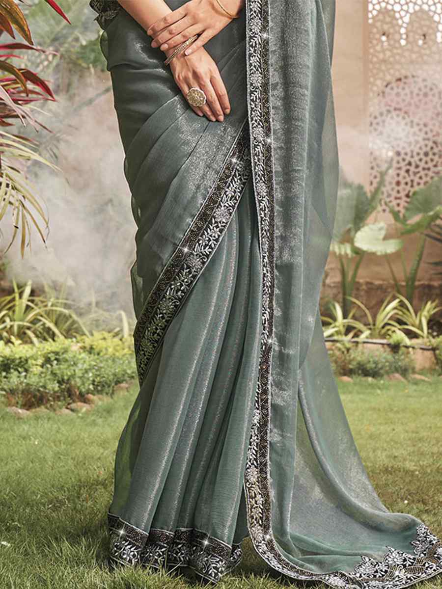 Grey Shimmer Embroidery Party Reception Classic Style Saree