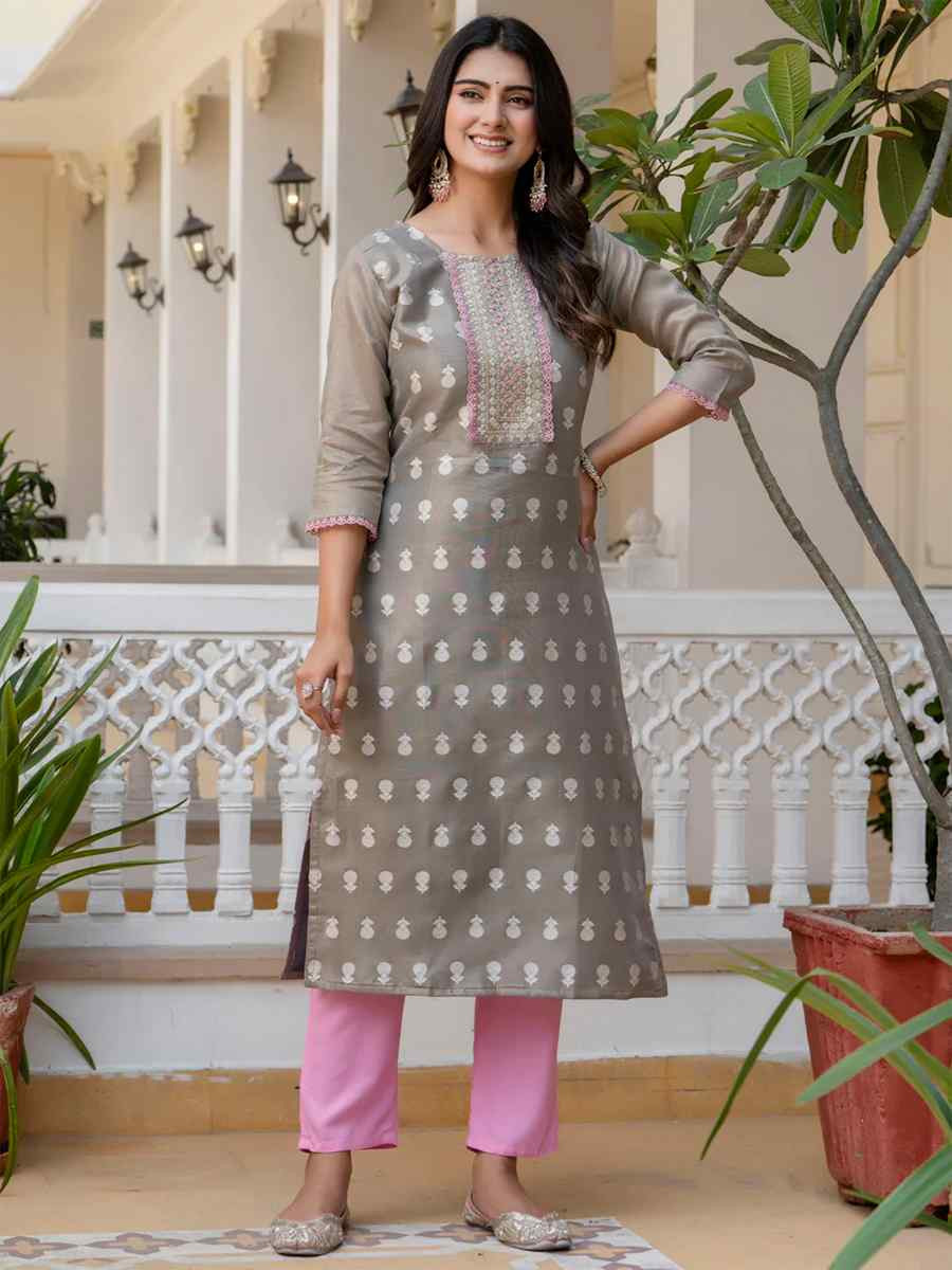 Grey Silk Blend Embroidered Festival Casual Kurti