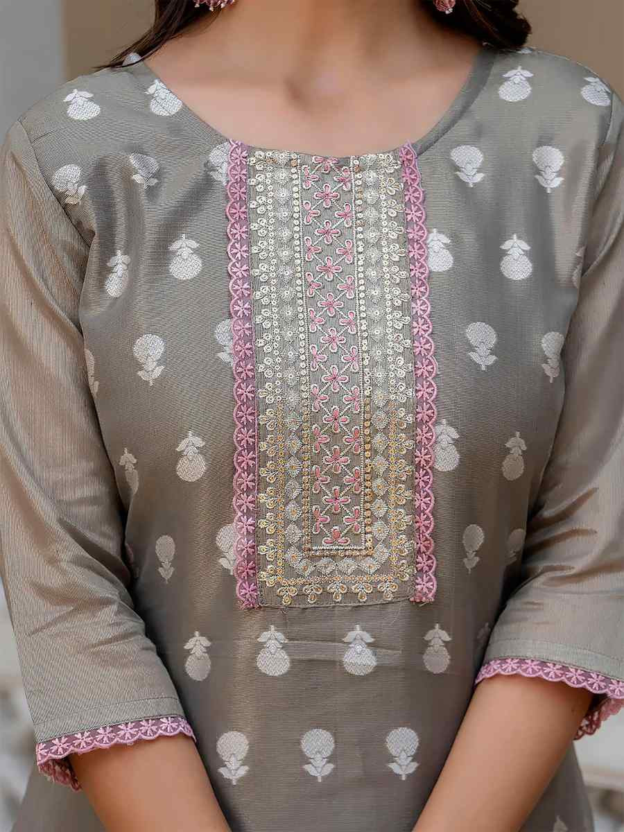 Grey Silk Blend Embroidered Festival Casual Kurti