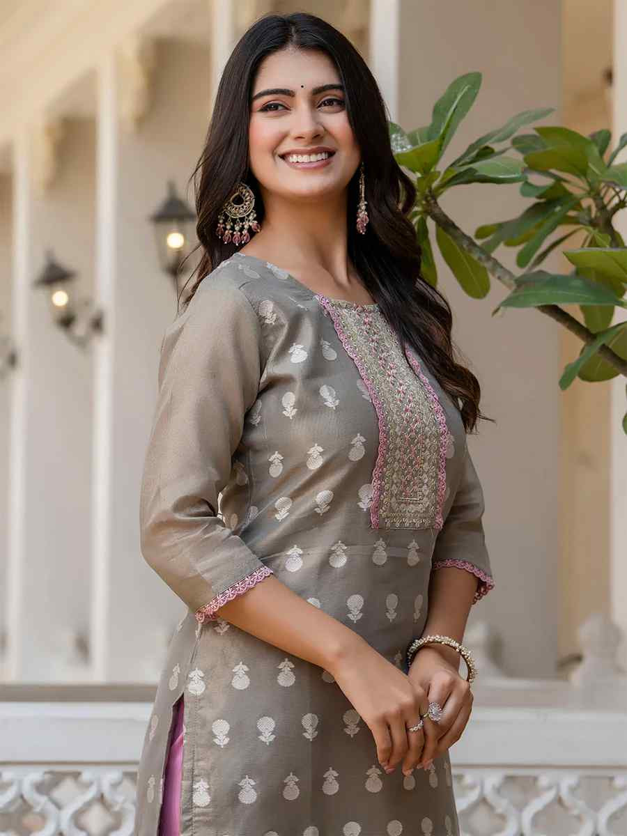 Grey Silk Blend Embroidered Festival Casual Kurti