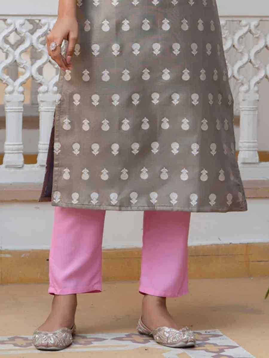 Grey Silk Blend Embroidered Festival Casual Kurti