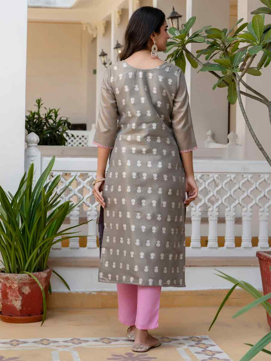 Grey Silk Blend Embroidered Festival Casual Kurti