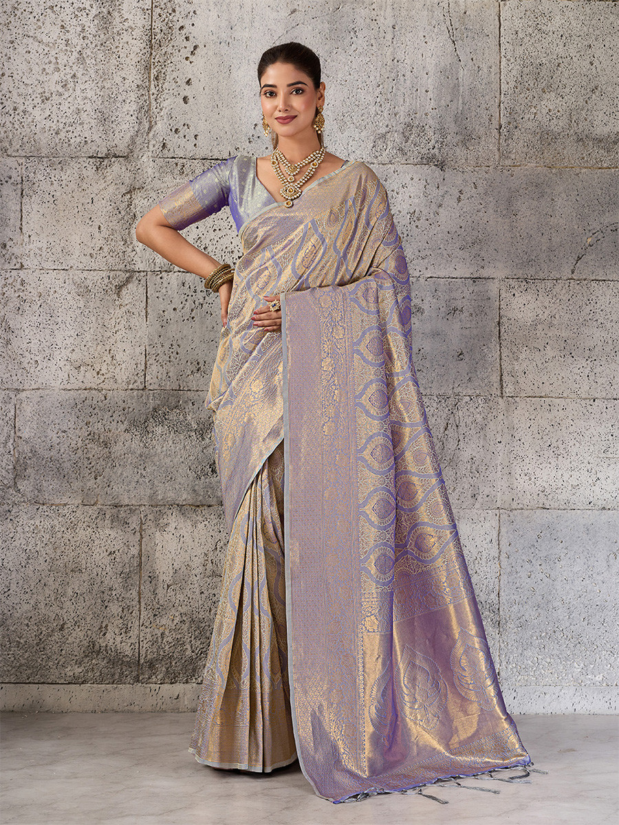 Grey Silk Blend Kanjivaram Wedding Reception Party Festival Casual Heavy Border Sarees