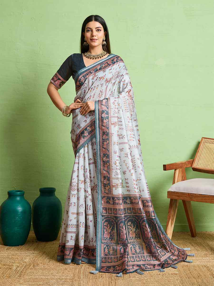 Grey Silk Blend Printed Festival Wedding Fancy Heavy Border Saree