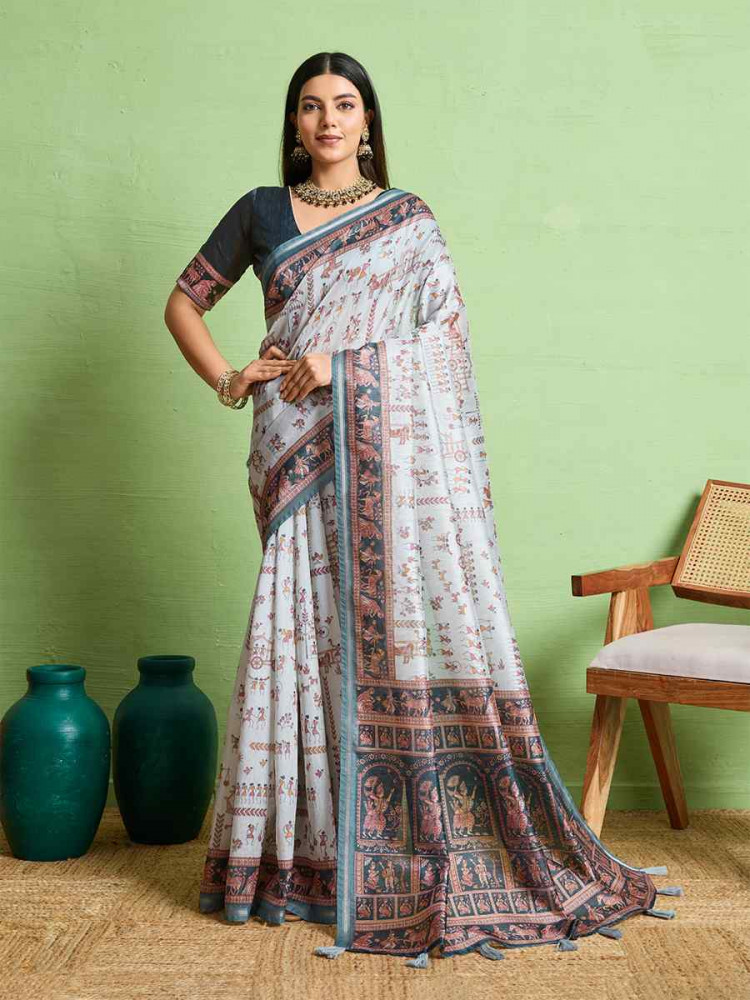 Image of Grey Silk Blend Printed Festival Wedding Fancy Heavy Border Saree