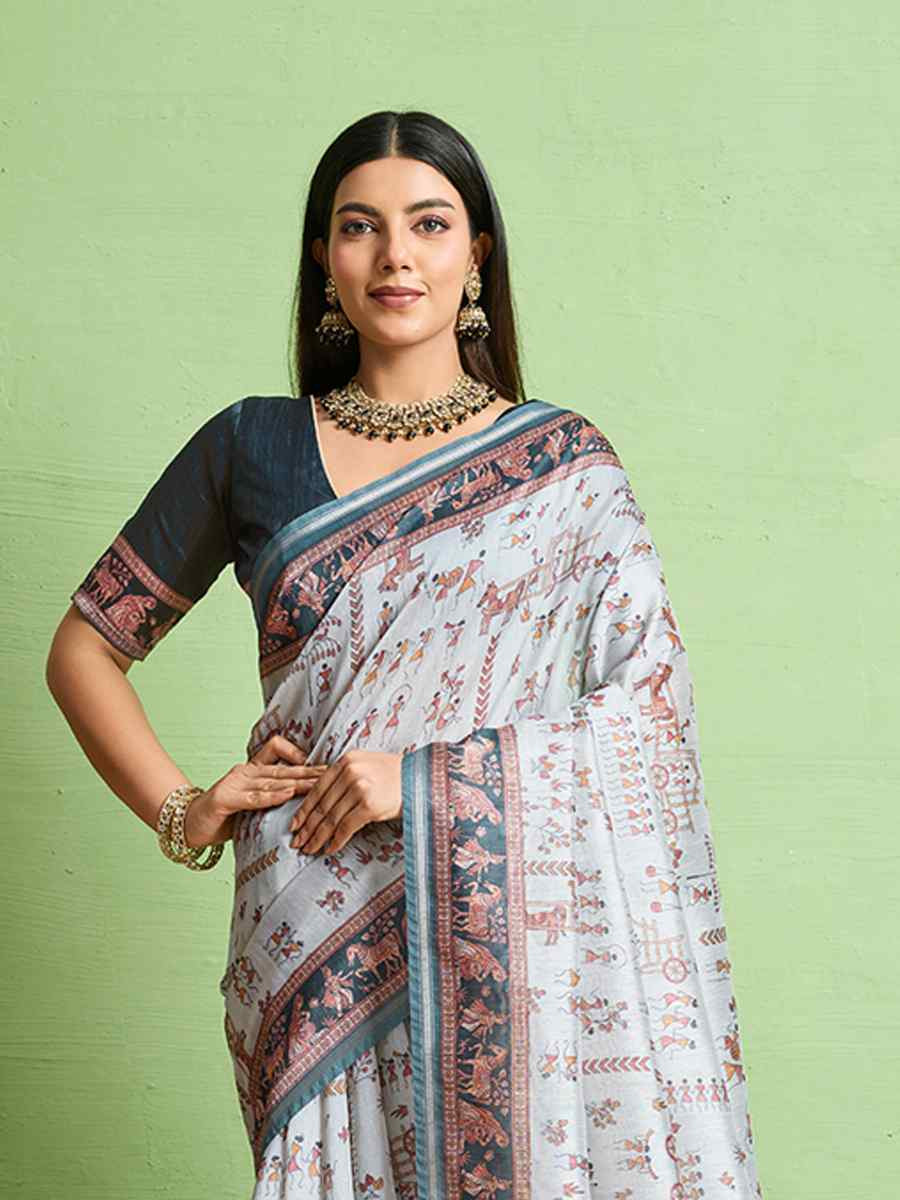 Grey Silk Blend Printed Festival Wedding Fancy Heavy Border Saree