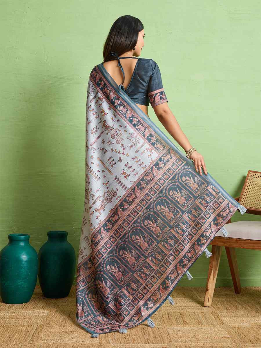 Grey Silk Blend Printed Festival Wedding Fancy Heavy Border Saree