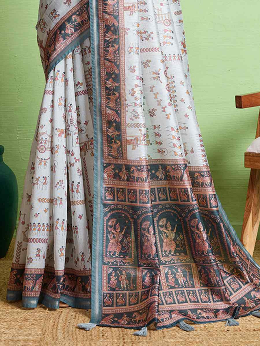 Grey Silk Blend Printed Festival Wedding Fancy Heavy Border Saree