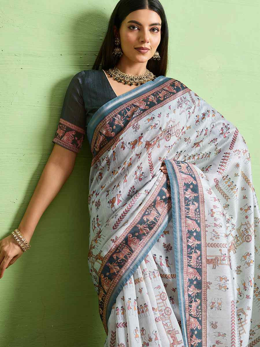 Grey Silk Blend Printed Festival Wedding Fancy Heavy Border Saree