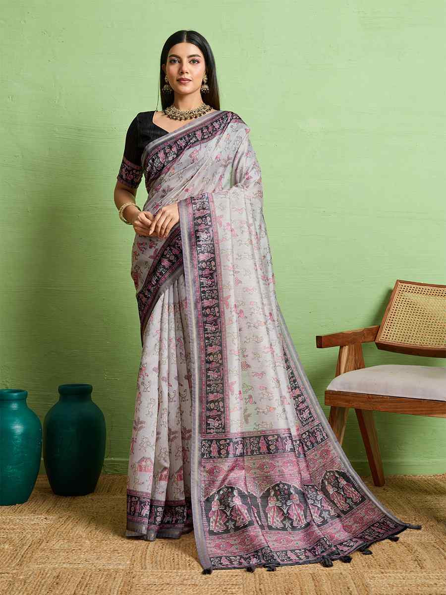 Grey Silk Blend Printed Festival Wedding Fancy Heavy Border Saree