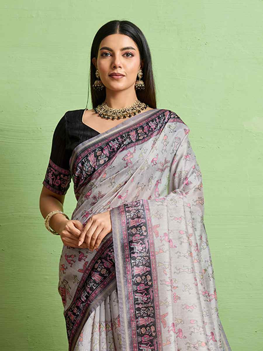 Grey Silk Blend Printed Festival Wedding Fancy Heavy Border Saree