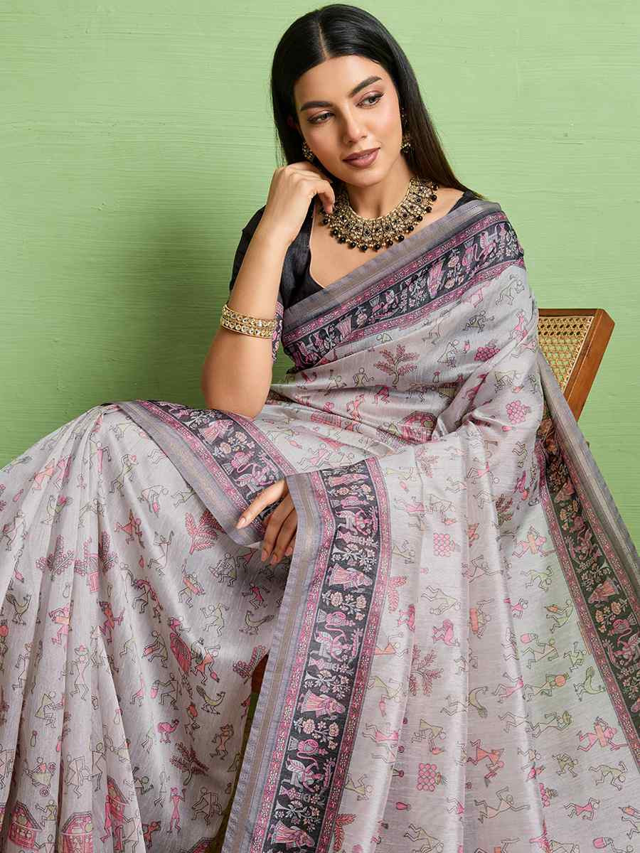 Grey Silk Blend Printed Festival Wedding Fancy Heavy Border Saree