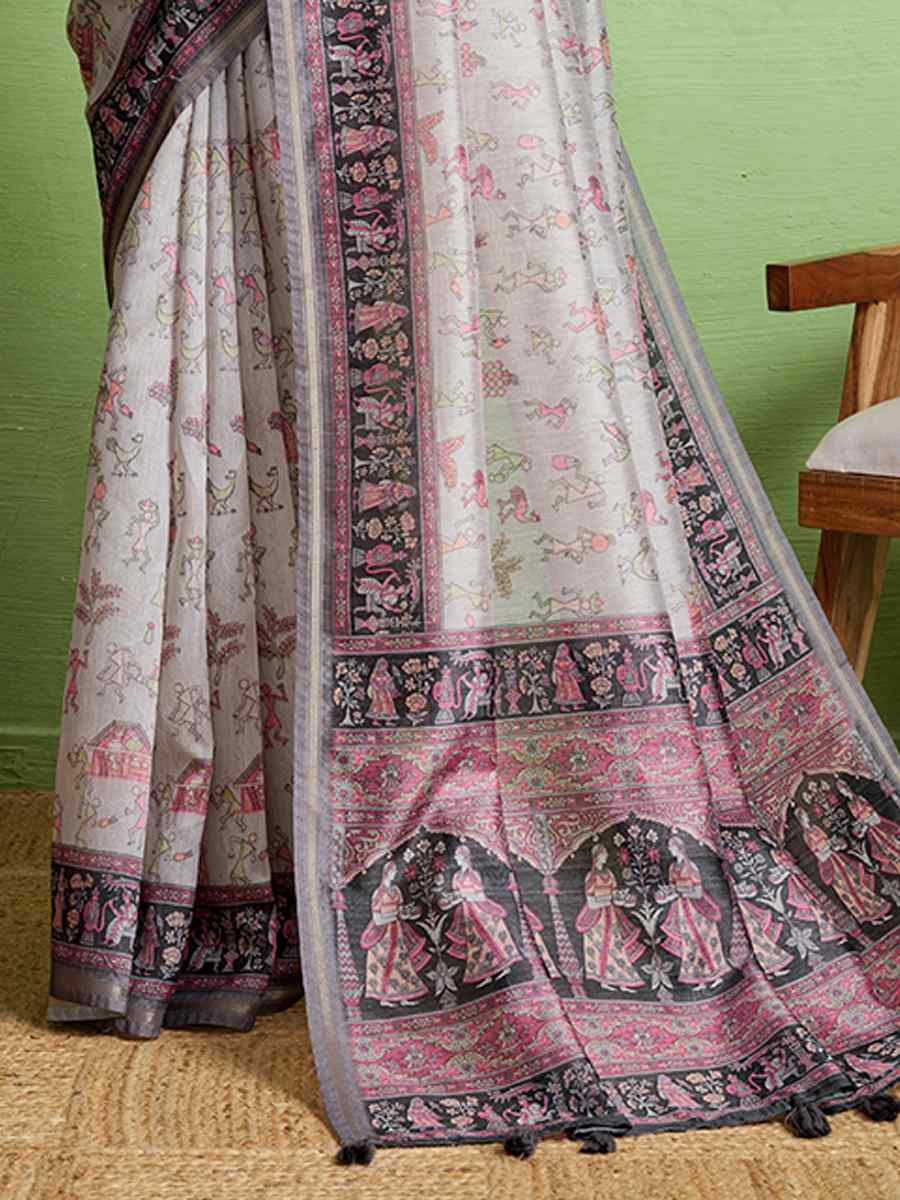 Grey Silk Blend Printed Festival Wedding Fancy Heavy Border Saree