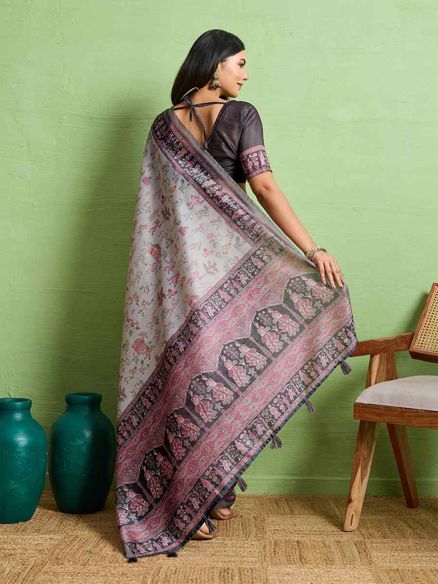 Grey Silk Blend Printed Festival Wedding Fancy Heavy Border Saree