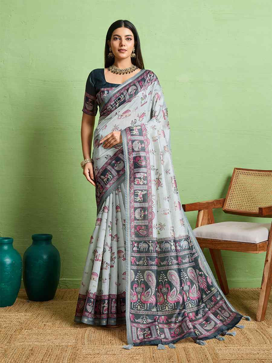 Grey Silk Blend Printed Festival Wedding Fancy Heavy Border Saree