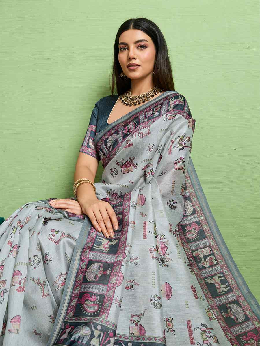 Grey Silk Blend Printed Festival Wedding Fancy Heavy Border Saree