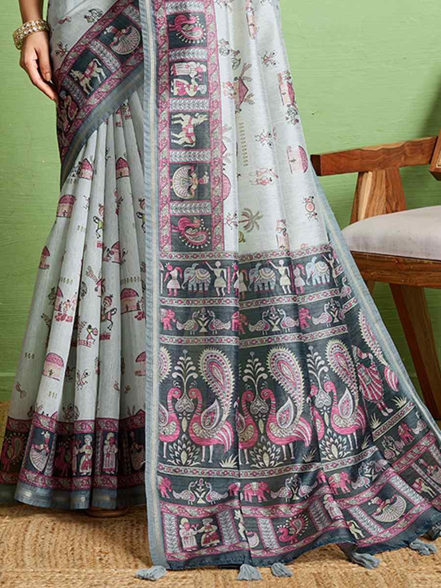 Grey Silk Blend Printed Festival Wedding Fancy Heavy Border Saree