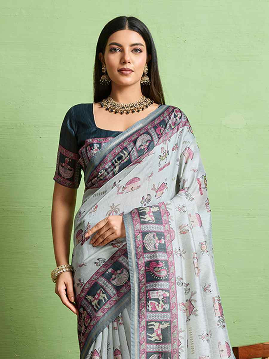 Grey Silk Blend Printed Festival Wedding Fancy Heavy Border Saree