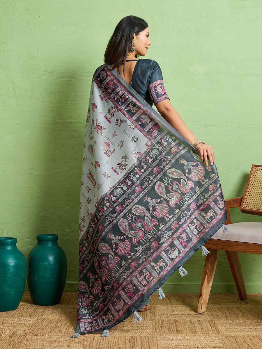 Grey Silk Blend Printed Festival Wedding Fancy Heavy Border Saree