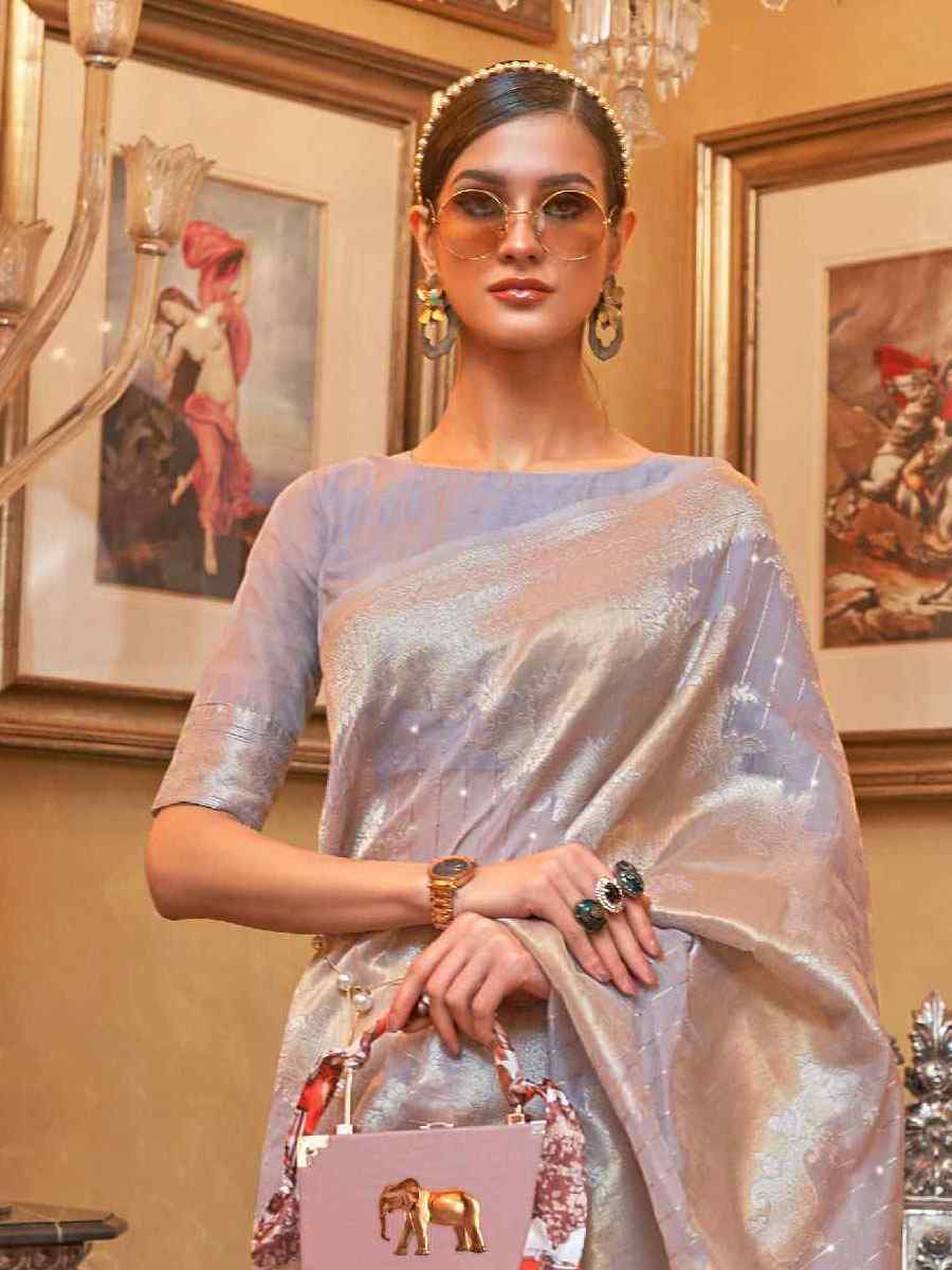 Grey Silk Brocade Wedding Party Contemporary Saree