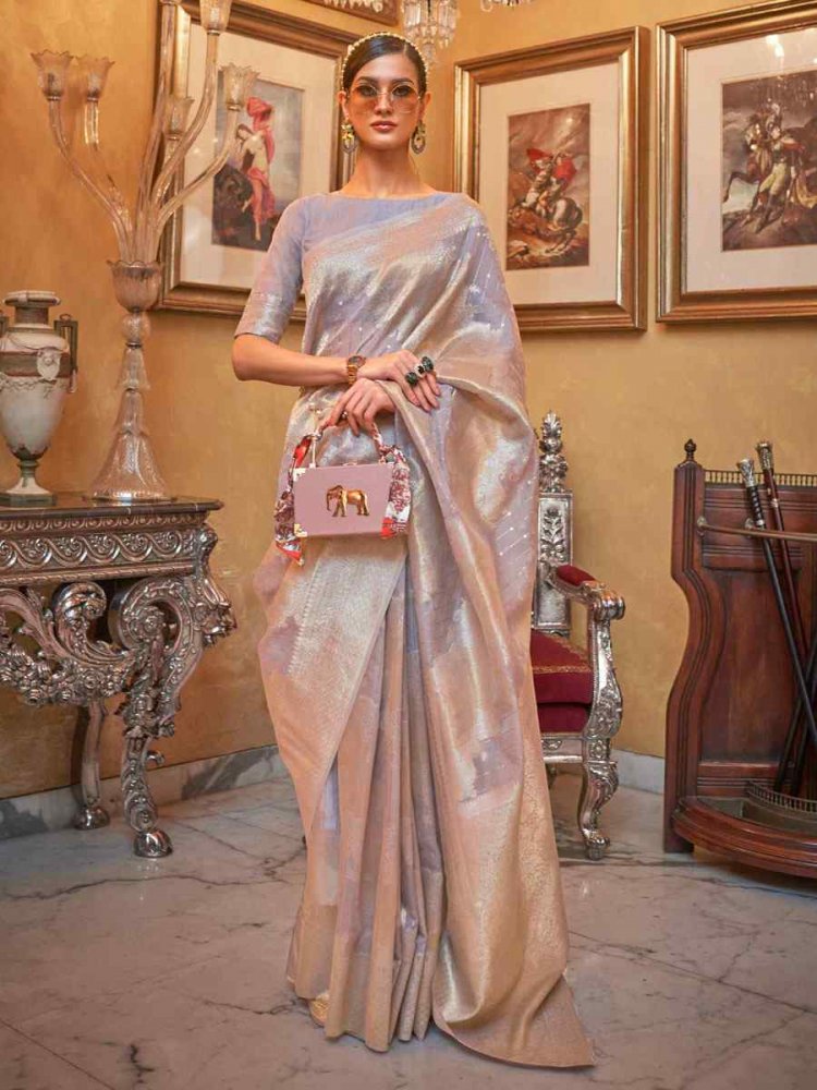 Grey Silk Brocade Wedding Party Contemporary Saree