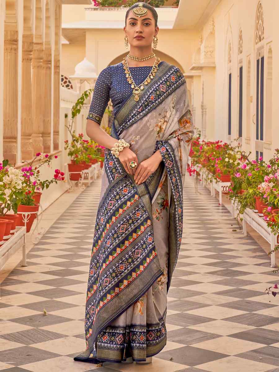 Grey Silk Chiffon Printed Party Festival Contemporary Saree