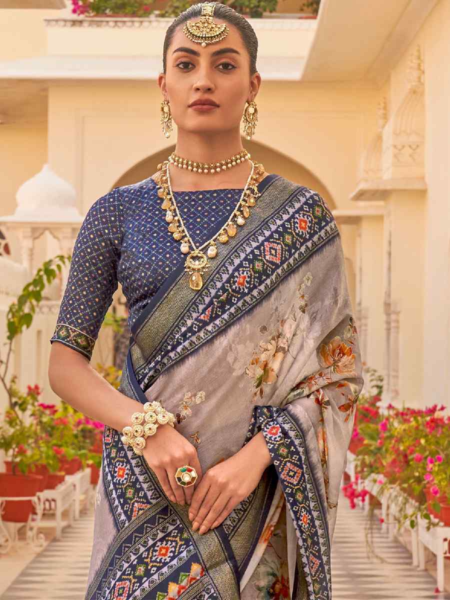 Grey Silk Chiffon Printed Party Festival Contemporary Saree