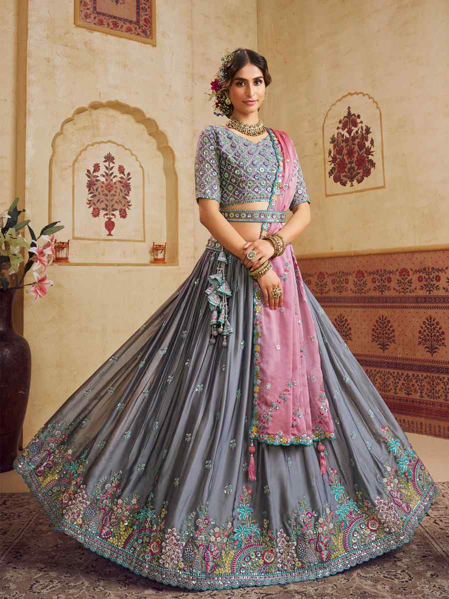 Grey Silk Embroidered Bridal Festival Reception Wedding Traditional Heavy Border Lehenga Choli