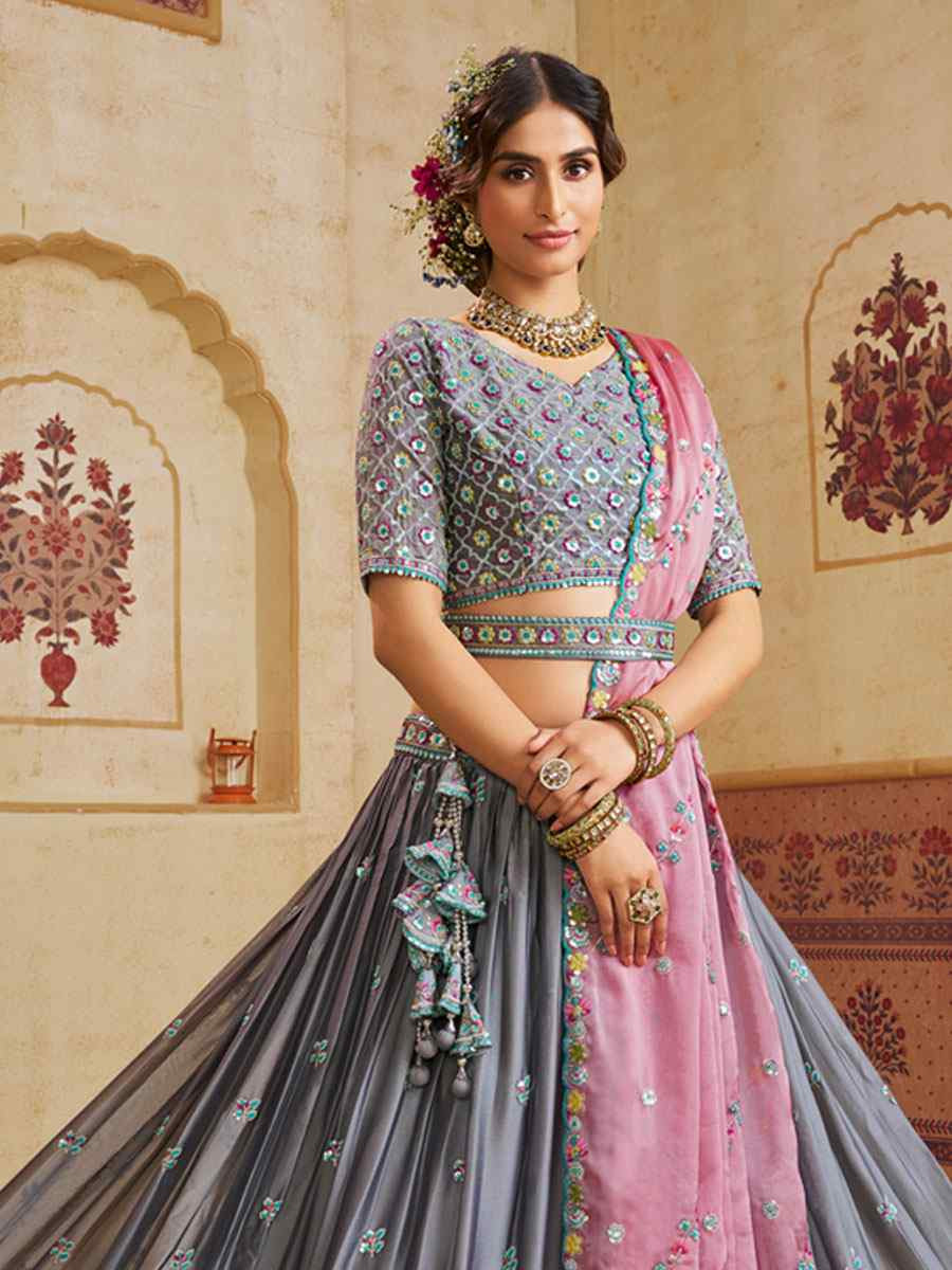 Grey Silk Embroidered Bridal Festival Reception Wedding Traditional Heavy Border Lehenga Choli
