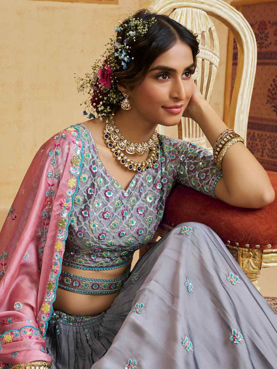Grey Silk Embroidered Bridal Festival Reception Wedding Traditional Heavy Border Lehenga Choli