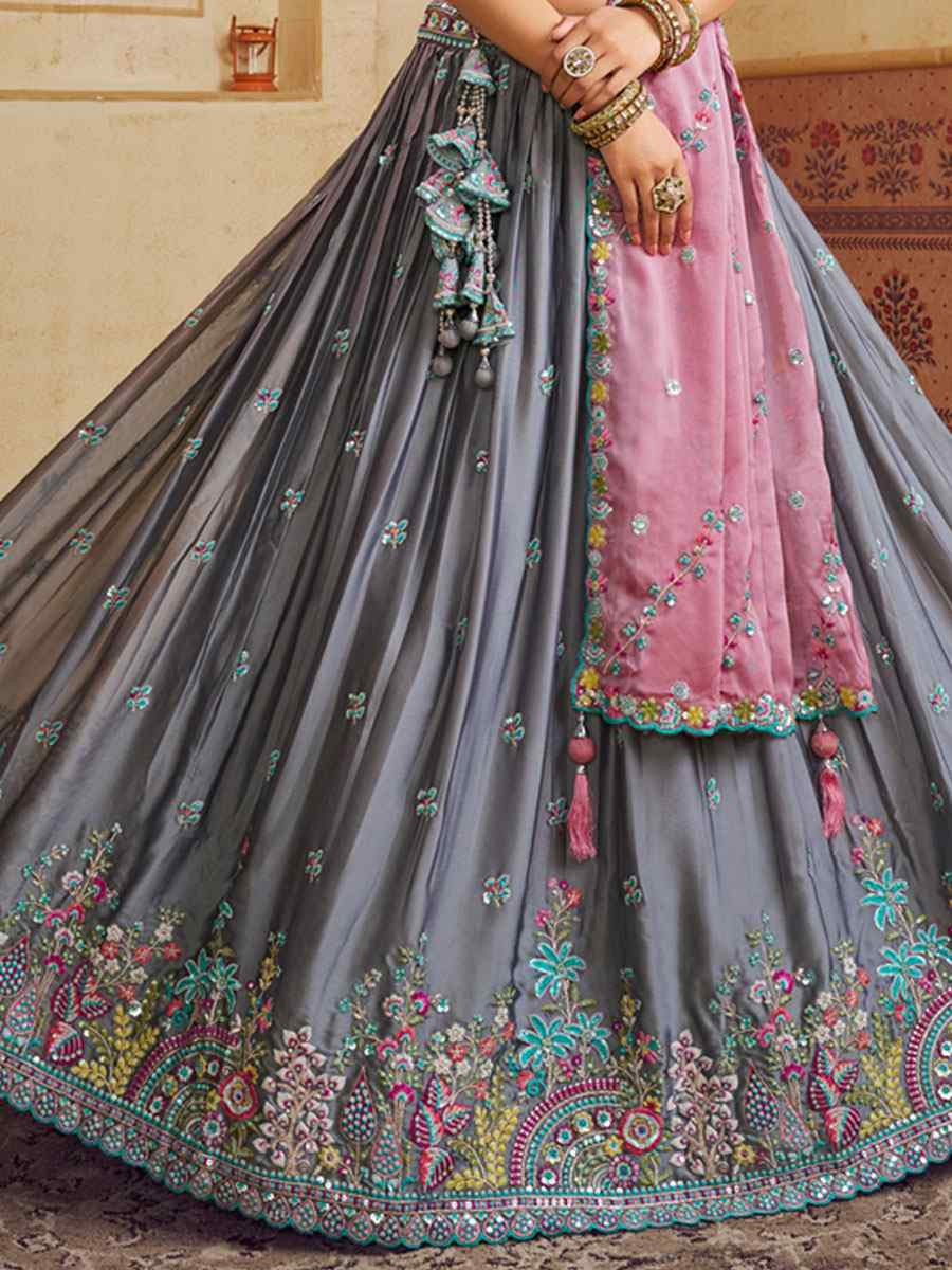 Grey Silk Embroidered Bridal Festival Reception Wedding Traditional Heavy Border Lehenga Choli