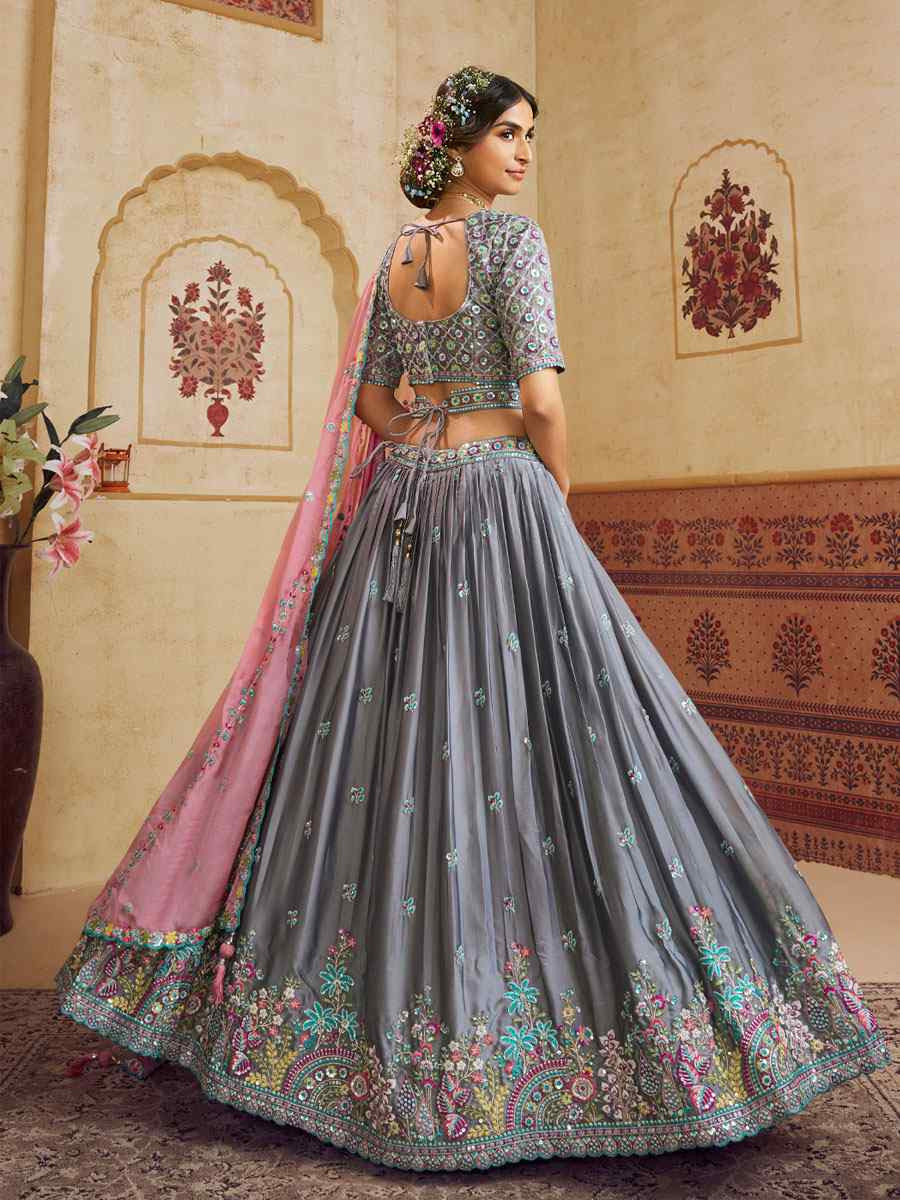 Grey Silk Embroidered Bridal Festival Reception Wedding Traditional Heavy Border Lehenga Choli