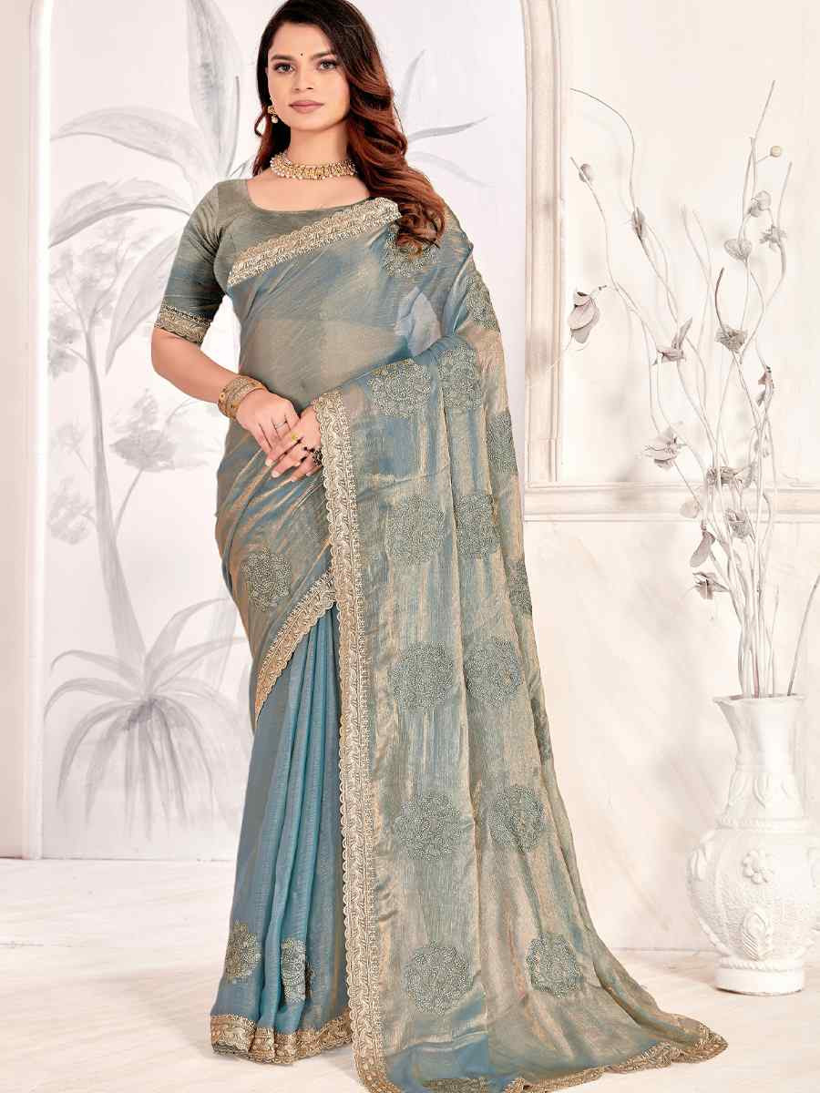 Grey Silk Embroidered Festival Wedding Fancy Heavy Border Saree