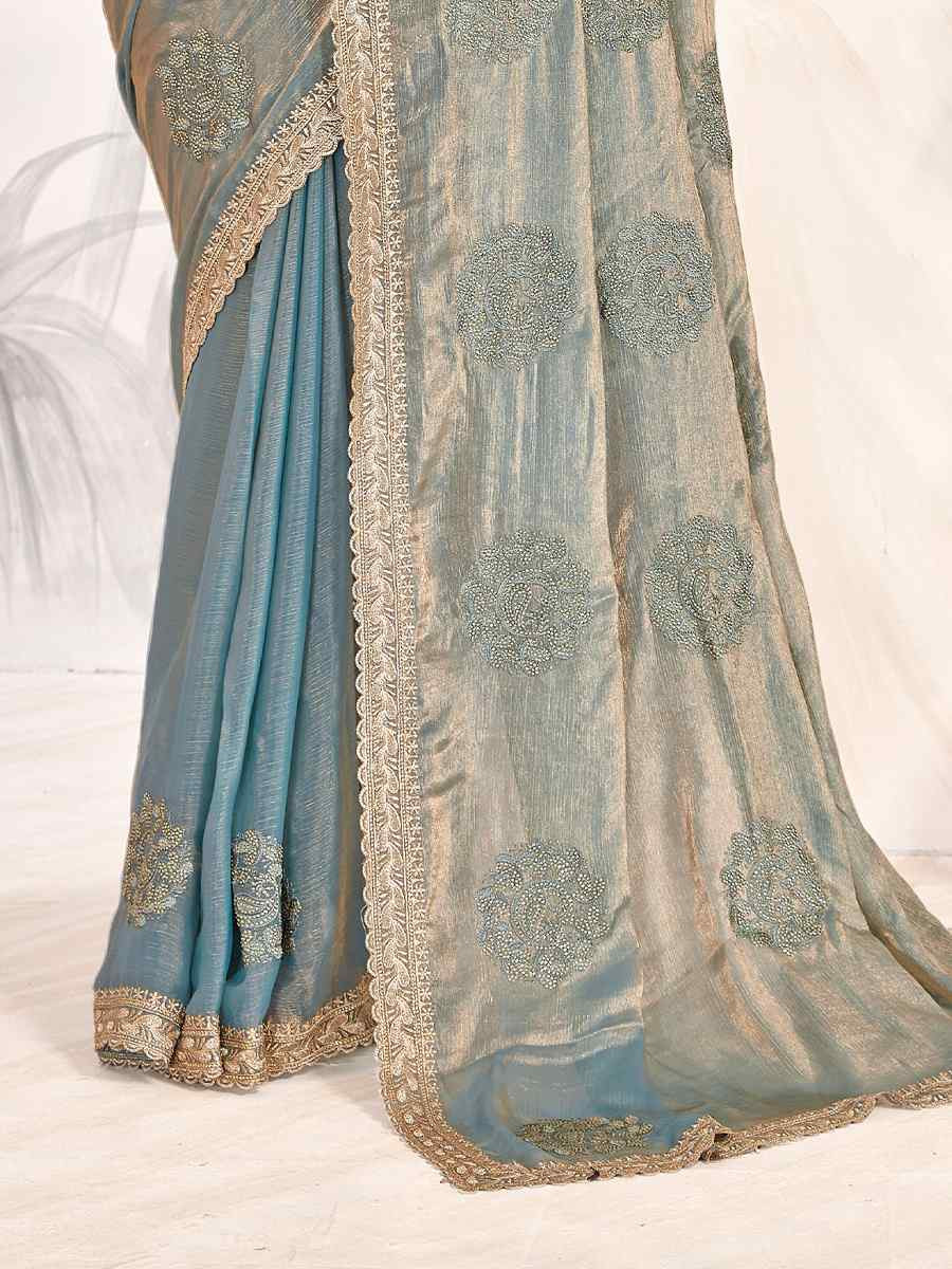 Grey Silk Embroidered Festival Wedding Fancy Heavy Border Saree