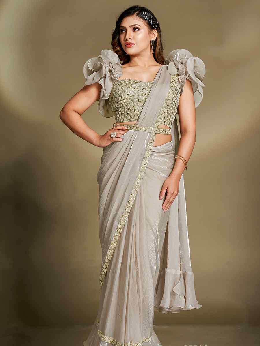 Grey Silk Embroidered Festival Wedding Fancy Heavy Border Saree