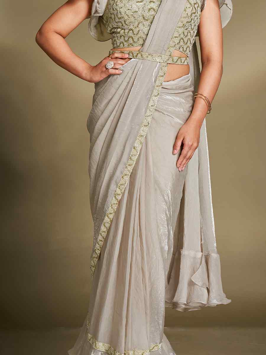 Grey Silk Embroidered Festival Wedding Fancy Heavy Border Saree