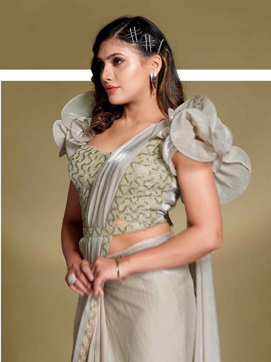 Grey Silk Embroidered Festival Wedding Fancy Heavy Border Saree