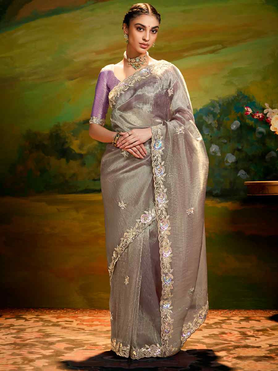 Grey Silk Embroidered Festival Wedding Fancy Heavy Border Saree
