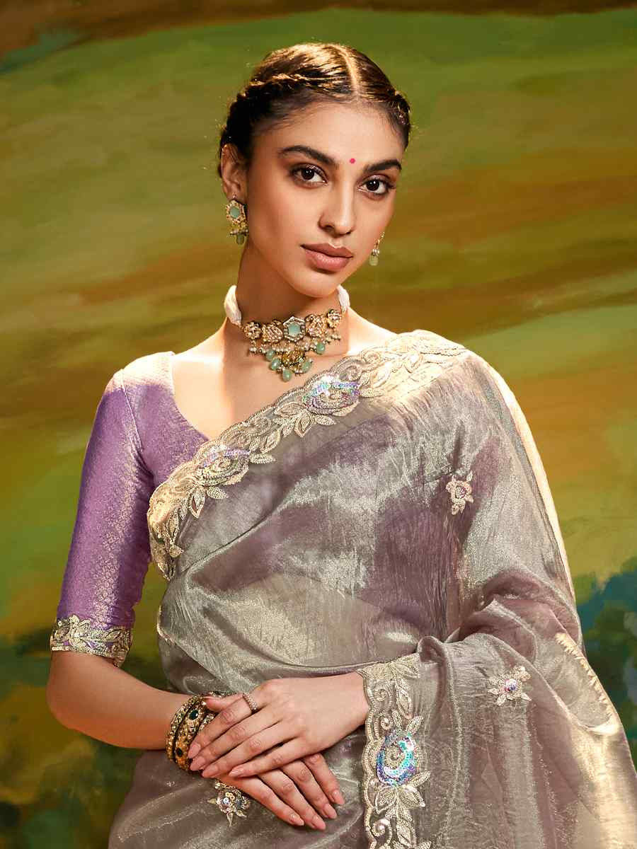 Grey Silk Embroidered Festival Wedding Fancy Heavy Border Saree