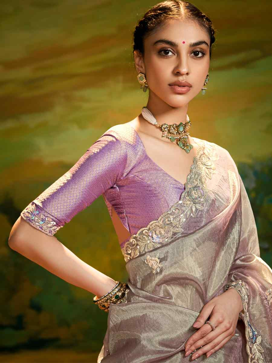 Grey Silk Embroidered Festival Wedding Fancy Heavy Border Saree