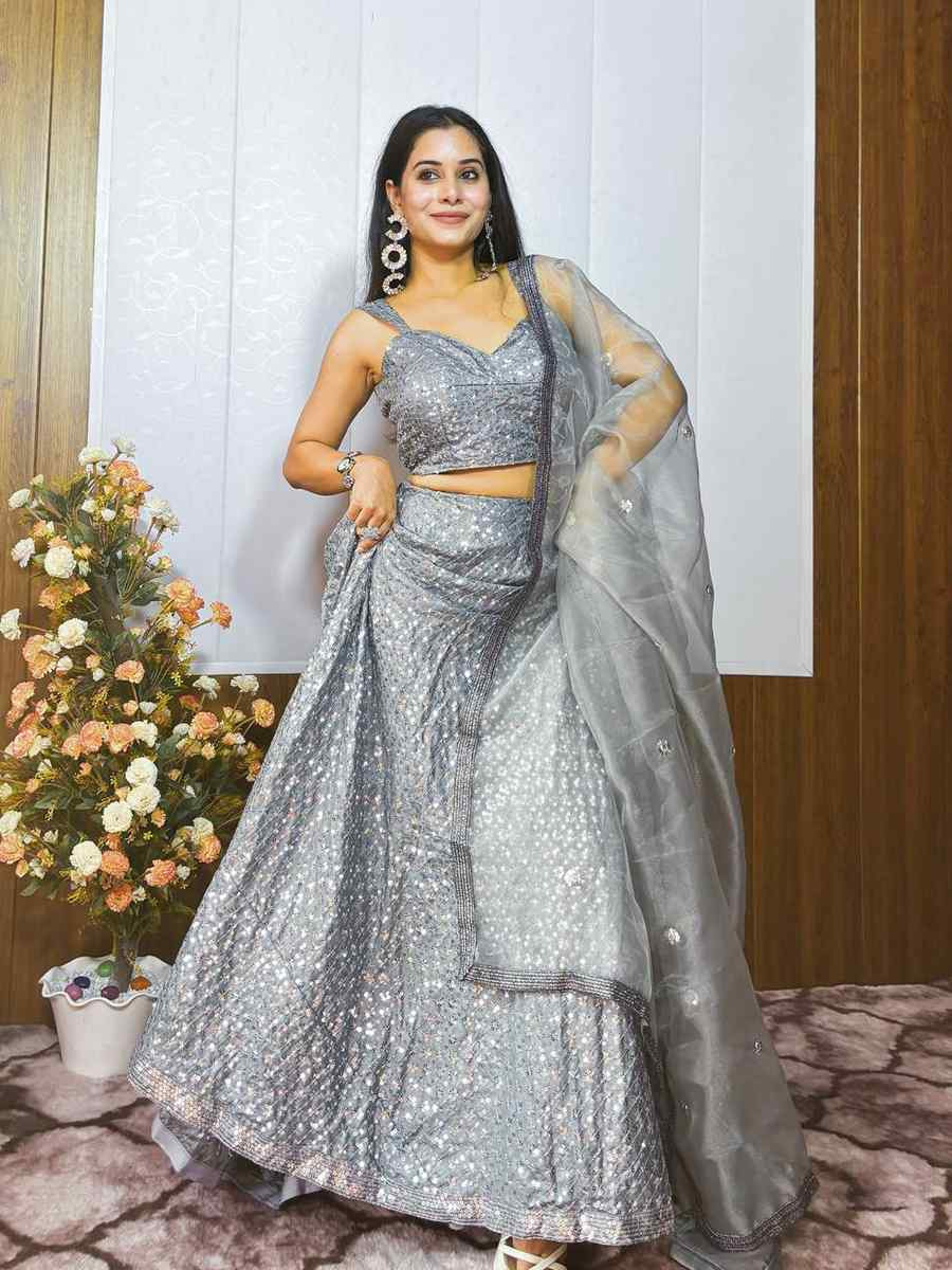 Grey Silk Embroidered Wedding Festival Heavy Border Lehenga Choli