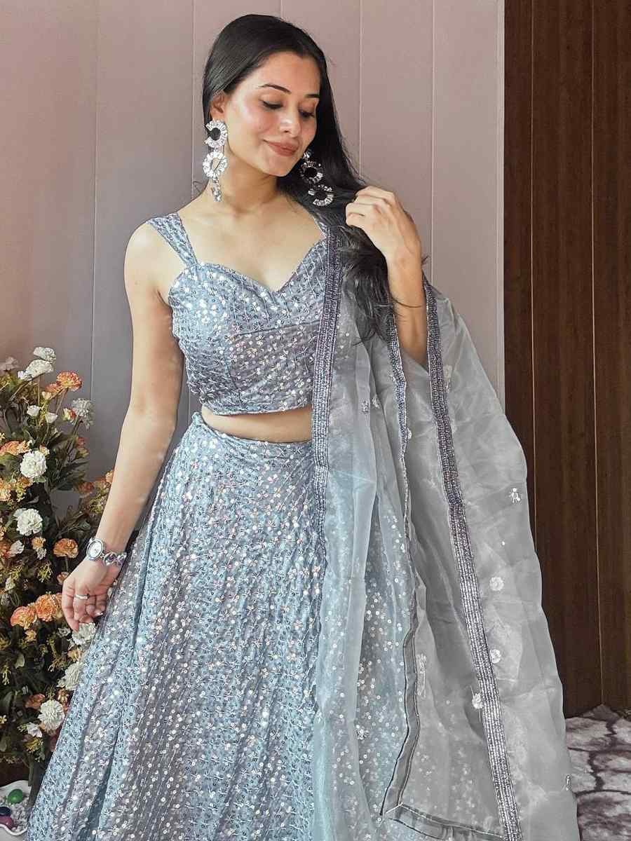 Grey Silk Embroidered Wedding Festival Heavy Border Lehenga Choli