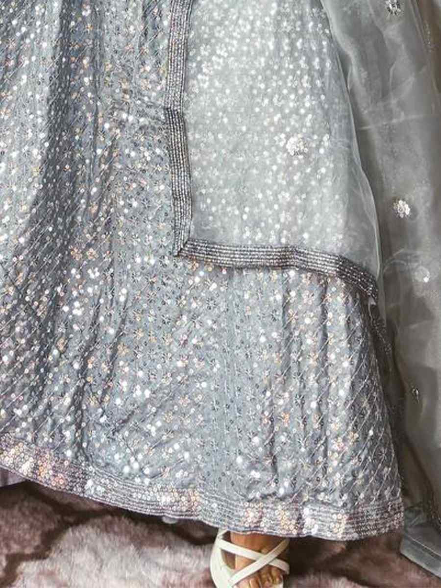 Grey Silk Embroidered Wedding Festival Heavy Border Lehenga Choli