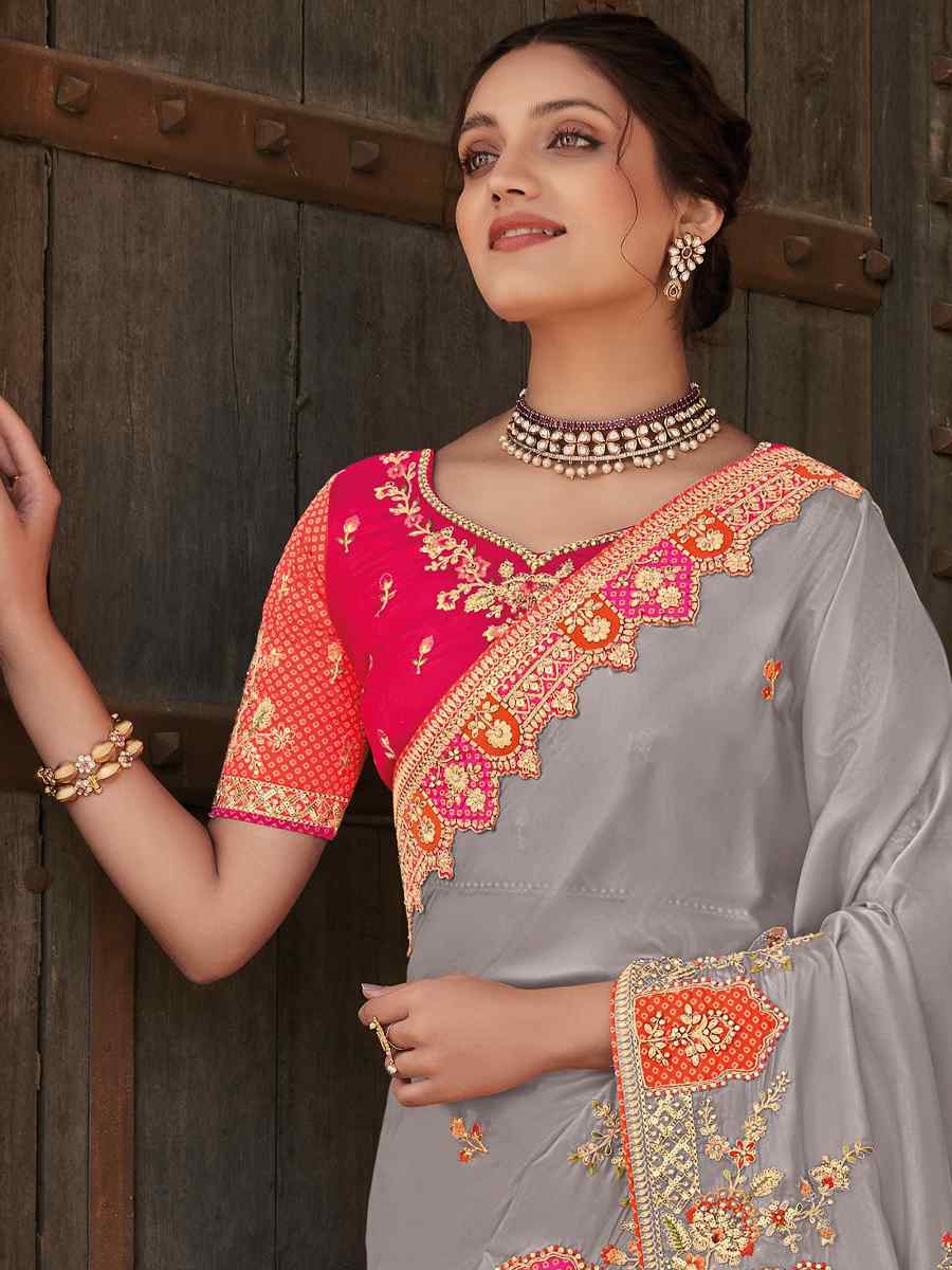 Grey Silk Embroidered Wedding Festival Heavy Border Saree