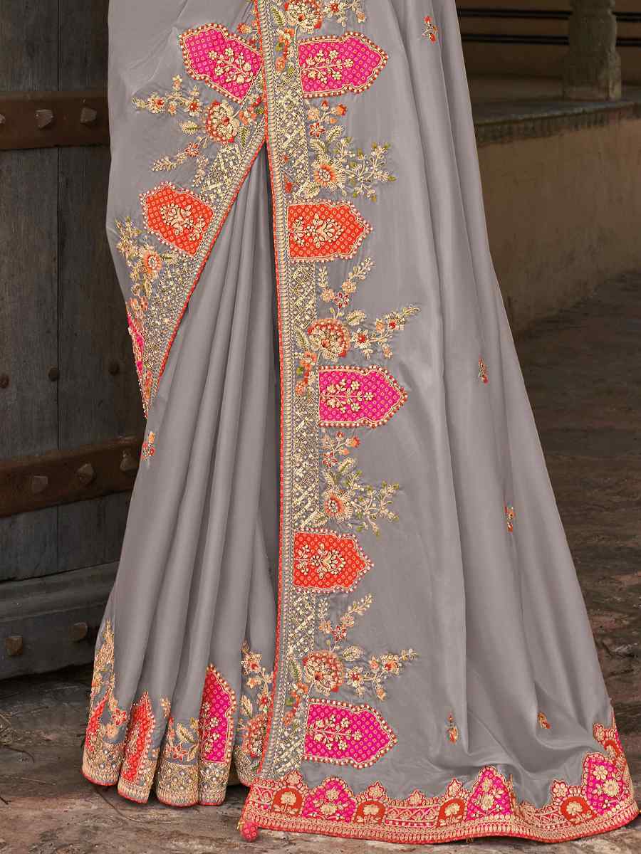 Grey Silk Embroidered Wedding Festival Heavy Border Saree