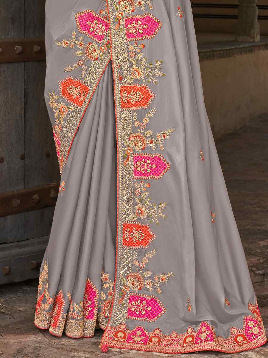 Grey Silk Embroidered Wedding Festival Heavy Border Saree