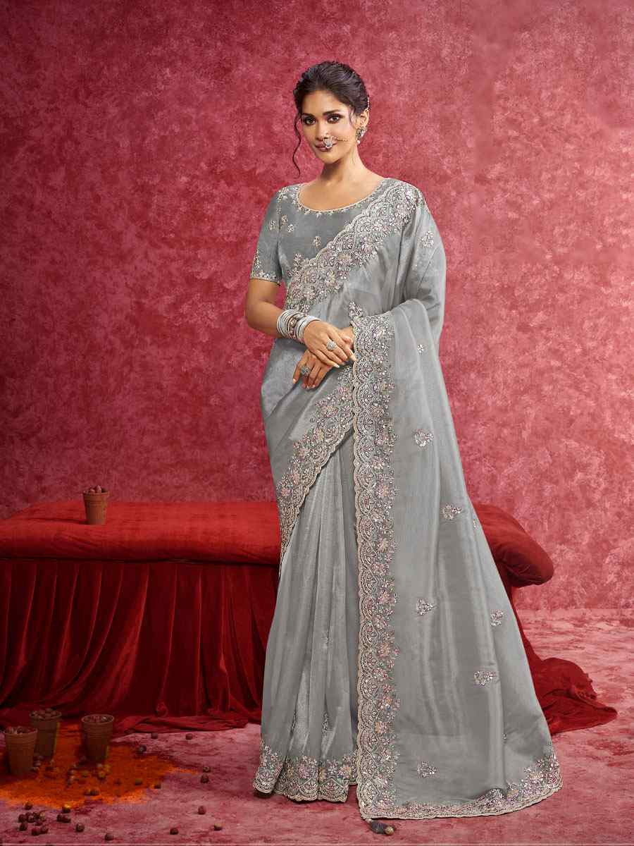 Grey Silk Embroidery Bridal Reception Festival Wedding Fancy Heavy Border Saree