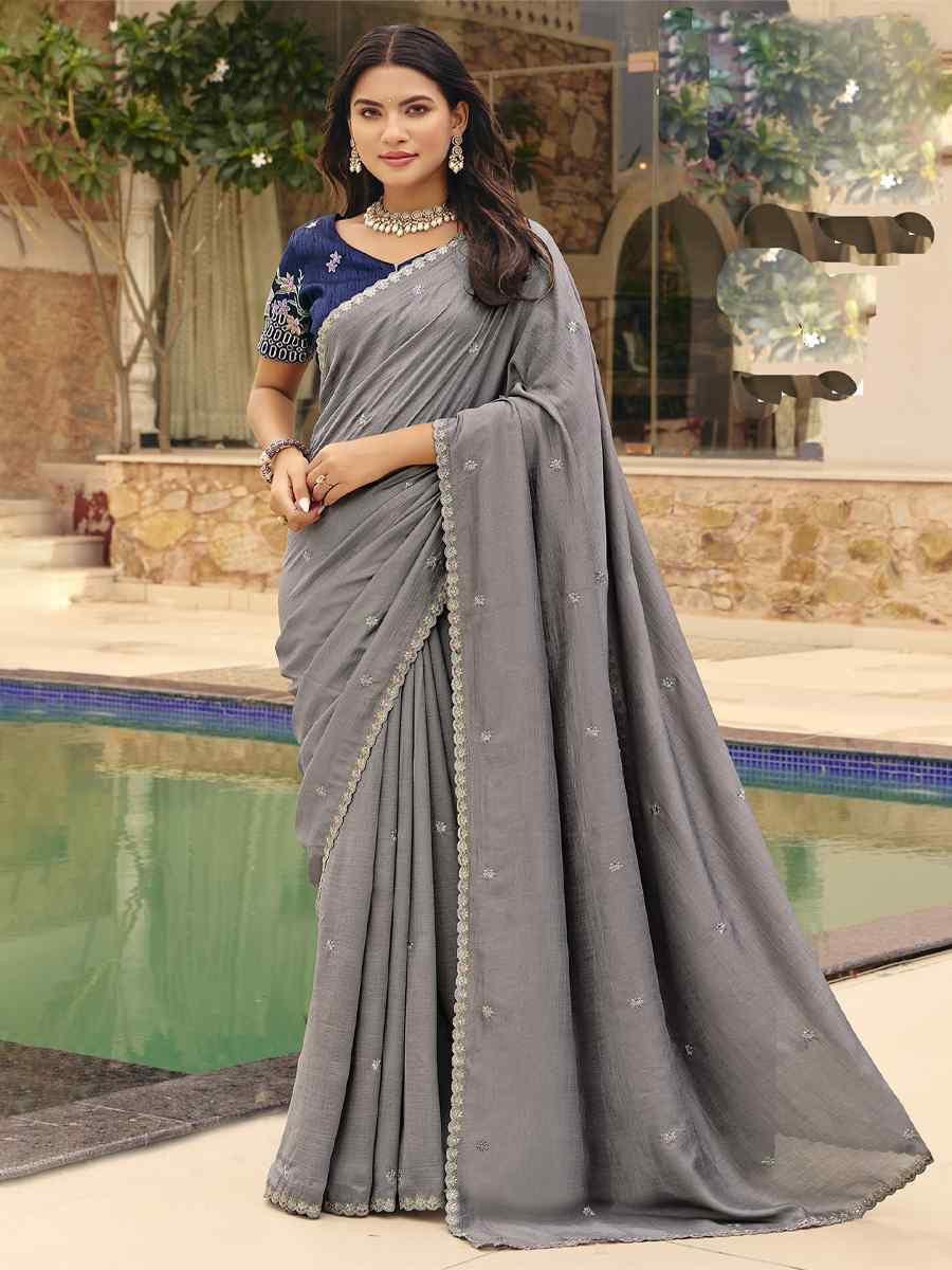 Grey Silk Embroidery Bridal Reception Festival Wedding Fancy Heavy Border Saree