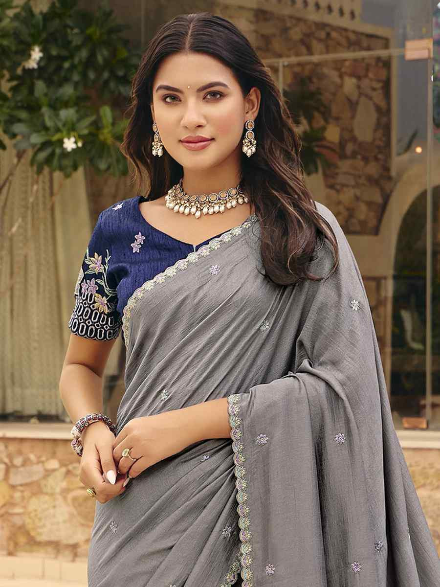 Grey Silk Embroidery Bridal Reception Festival Wedding Fancy Heavy Border Saree
